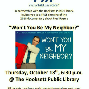 PTA announcement about a free showing of the Mr. Rogers documentary "Won't you be my neighbor?"