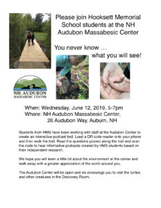 Flyer "Please join Hooksett Memorial School Students at the NH Audubon Massabesic Center" Wednesday June 12, 2019 5-7pm