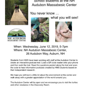 Flyer "Please join Hooksett Memorial School Students at the NH Audubon Massabesic Center" Wednesday June 12, 2019 5-7pm