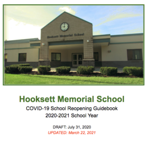 Front of Hooksett Memorial School Building, "Hooksett Memorial School COVID-19 School Reopening Guidebook 2020-2021 School Year"